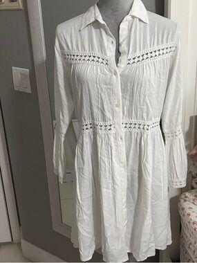 White Button-Front Lace Trim Shirt Dress Boho